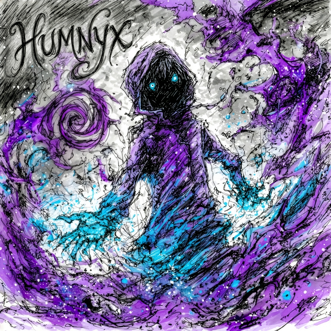 HumNyX artist portrait — hooded figure with glowing cyan eyes amid cosmic purple and cyan swirls